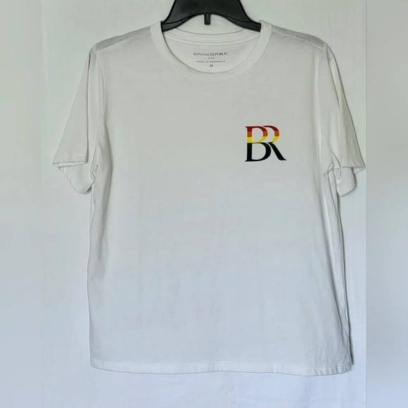 Banana Republic White Short Sleeve Rainbow Logo‎ Casual Summer Tee Size M - Picture 1 of 5